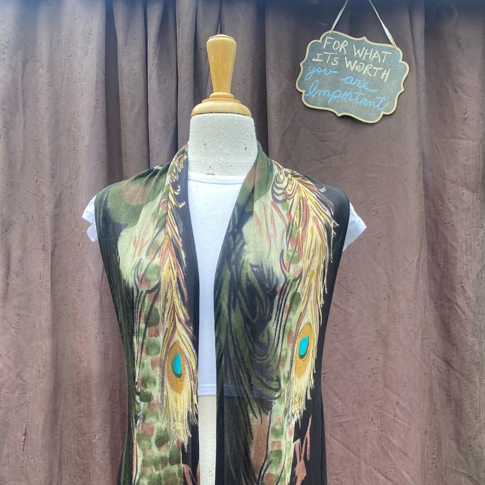 Adore Peacock Print Boho Vest – Flowy Layering Piece, Size M